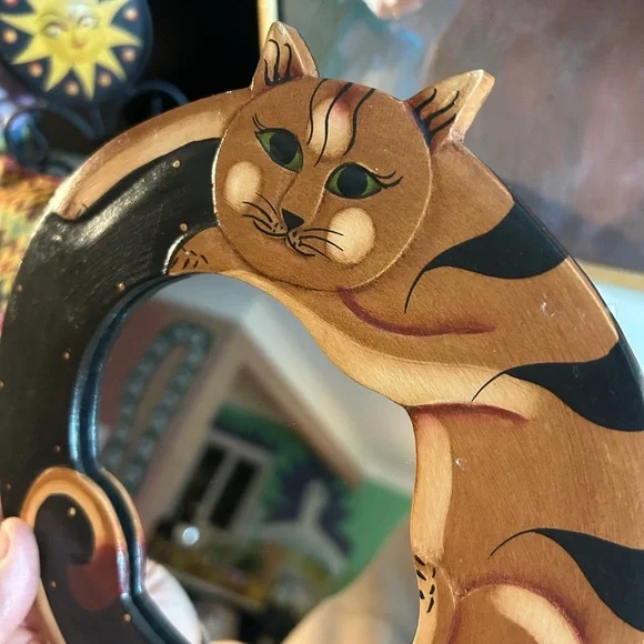 Handcrafted 8" Cat Design Decorative Wall Mirror Indonesia - Picture 2 of 14